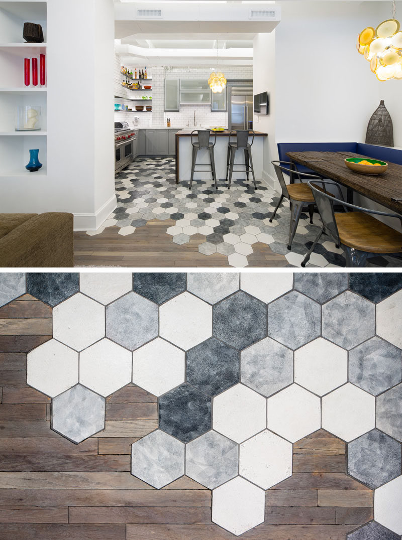 19 Ideas For Using Hexagons In Interior Design And Architecture // This New York apartment creatively transitions from hexagon tiles in the kitchen to hardwood in the dining room.