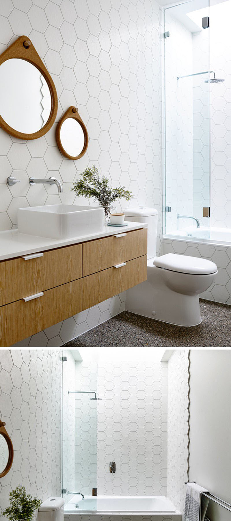 19 Ideas For Using Hexagons In Interior Design And Architecture // The bathroom in this house features floor to ceiling white hexagonal tiles on the walls.