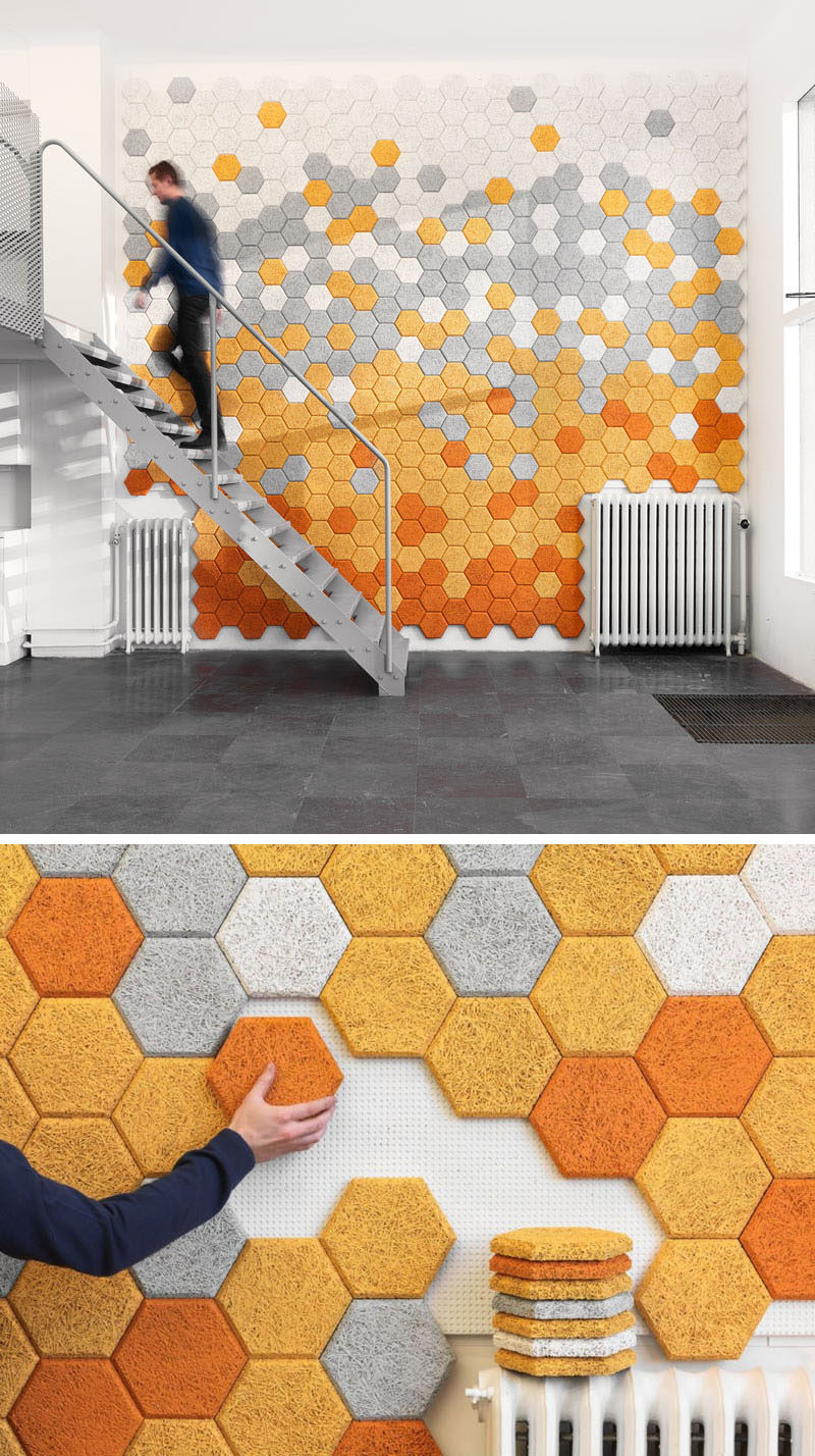 19 Ideas For Using Hexagons In Interior Design And Architecture // These hexagon sound absorbing panels are made of wood slivers, cement, and water.