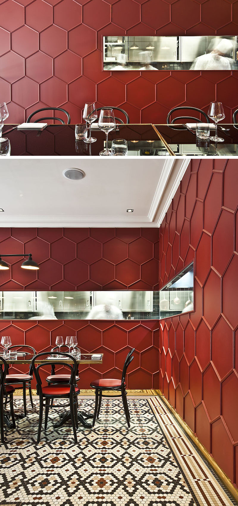 19 Ideas For Using Hexagons In Interior Design And Architecture // Karine Lewkowicz, the designer of this Milan restaurant, used wooden moulding to create a 3D honeycomb pattern on the walls.