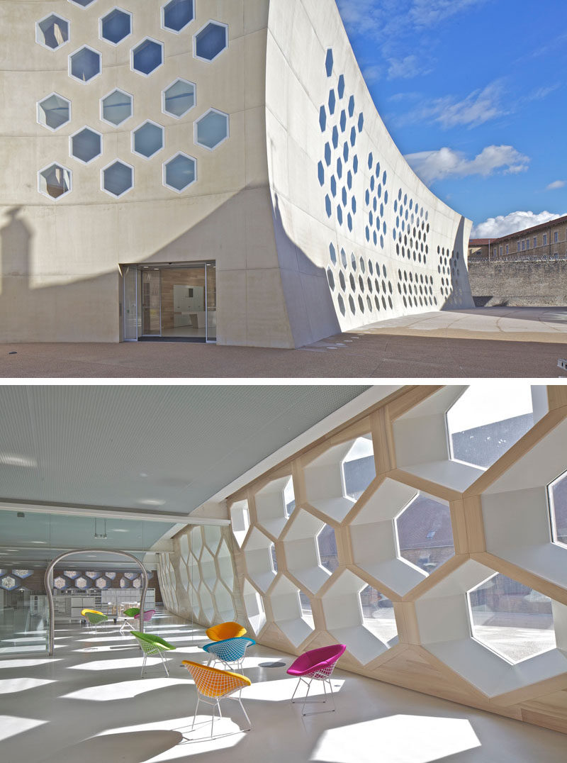 19 Ideas For Using Hexagons In Interior Design And Architecture // All of the windows on this library/cinema in France, are hexagons that look out onto the streets of Lons-le-Saunier.