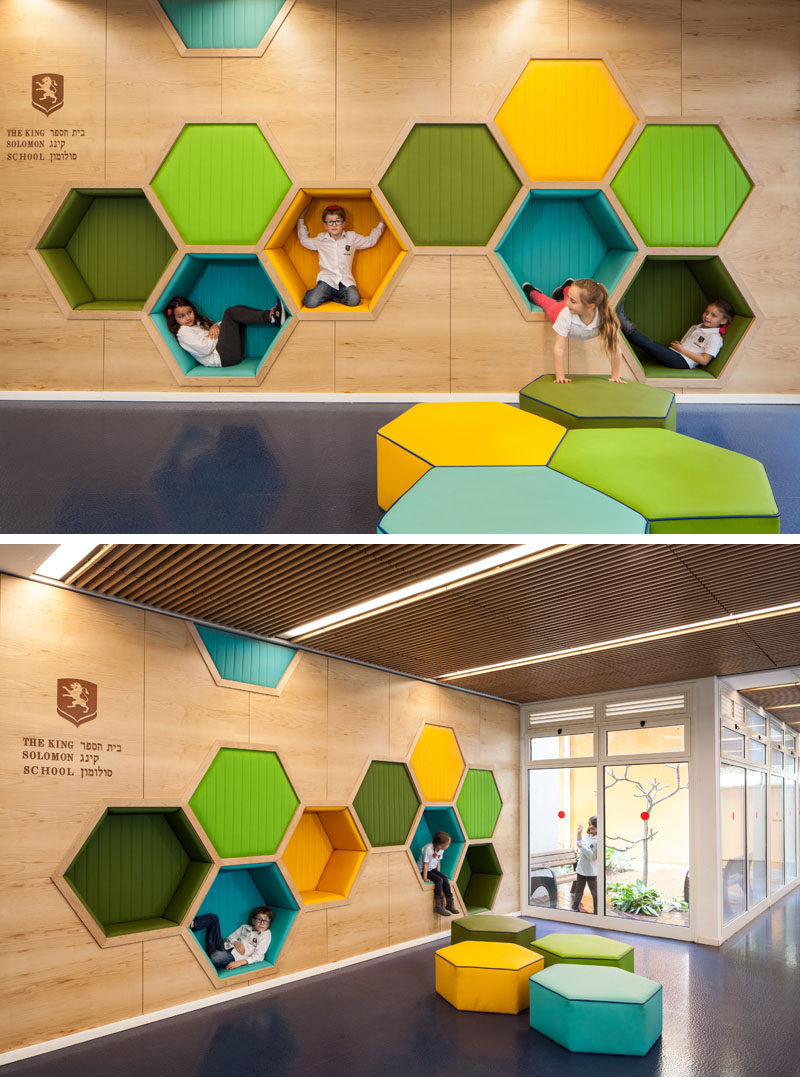 19 Ideas For Using Hexagons In Interior Design And Architecture // This elementary school has a play area featuring hexagon cubbies big enough to play in.