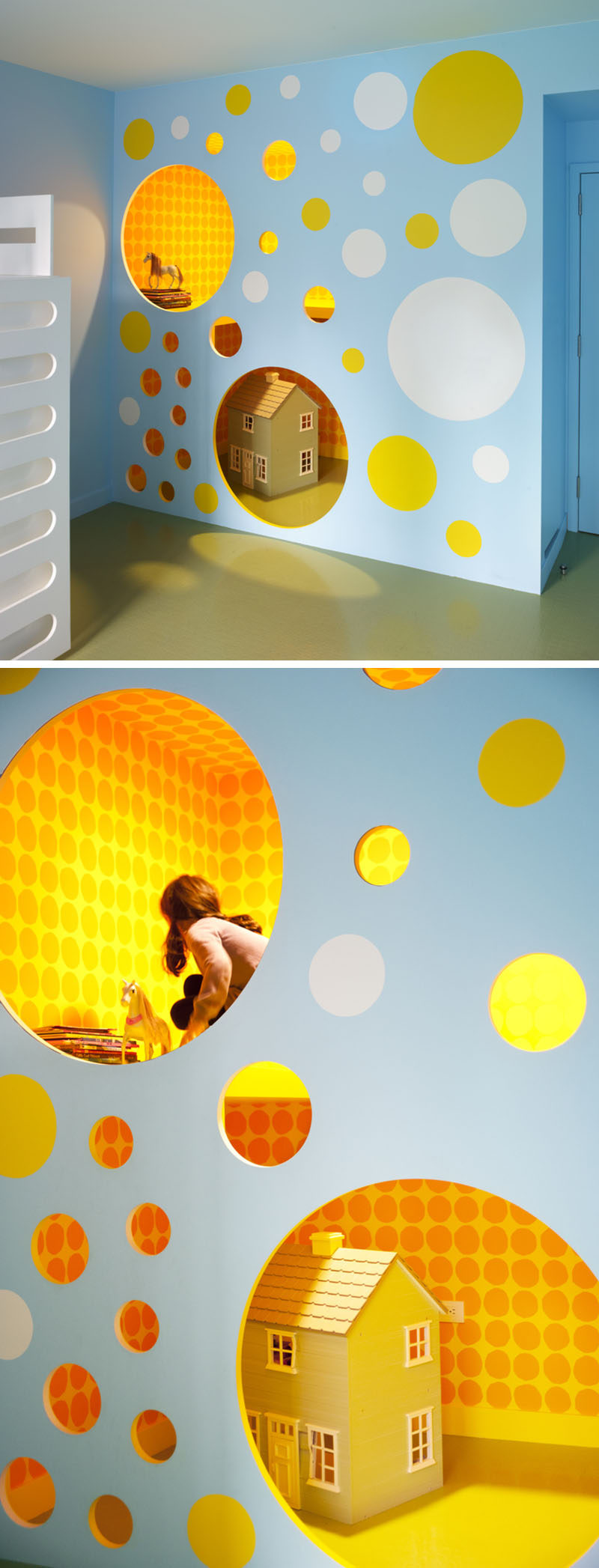 11 Kids Only Hideouts That Even The Biggest Grownups Would Be Jealous Of // A renovated closet became colorful wall full of cut out circles, making room for a great place to hideout. Apart from being a fun design element, the circles also act as climbing holes to the lofted space.