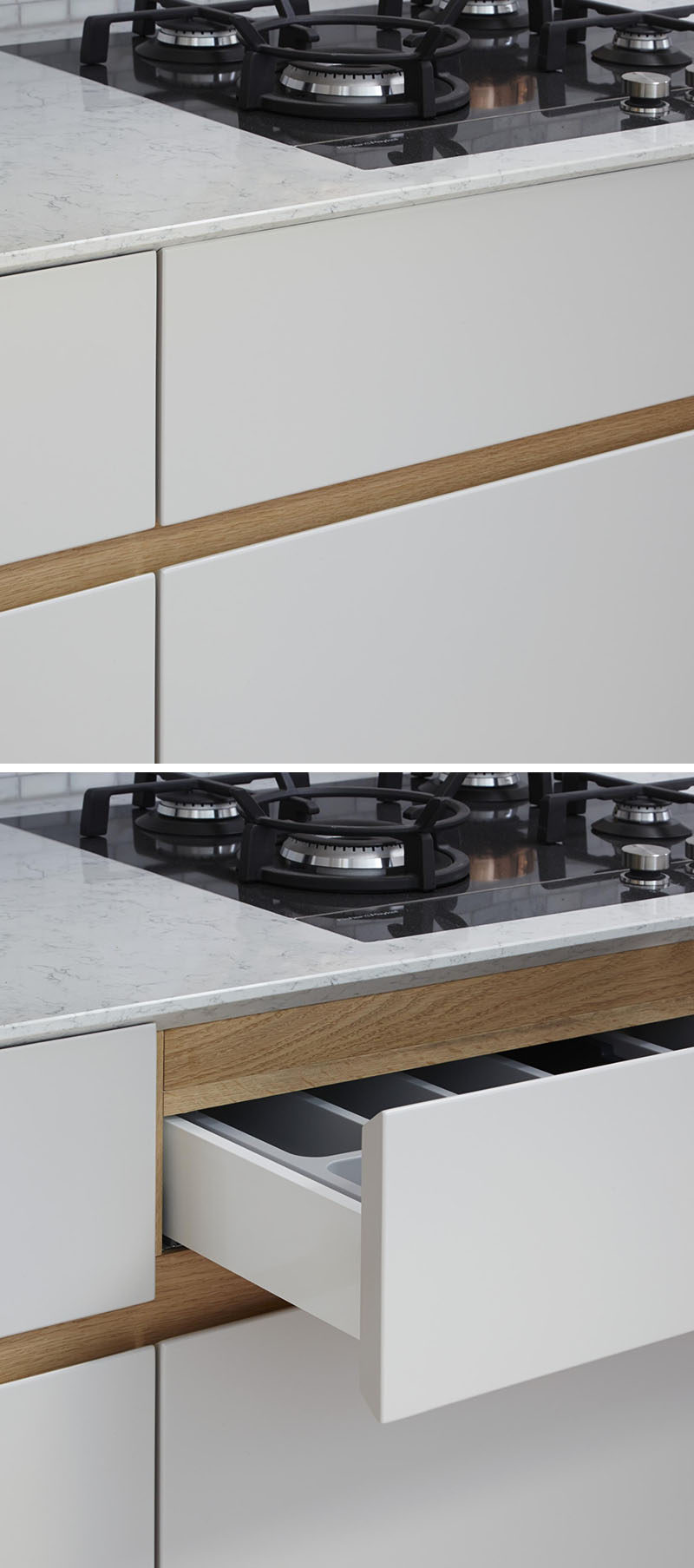 No Hardware For The Kitchen Cabinets In This London Home // This kitchen has white melamine cabinets with a recessed finger detail made from European oak, to make it easy to open the drawers and cabinets.