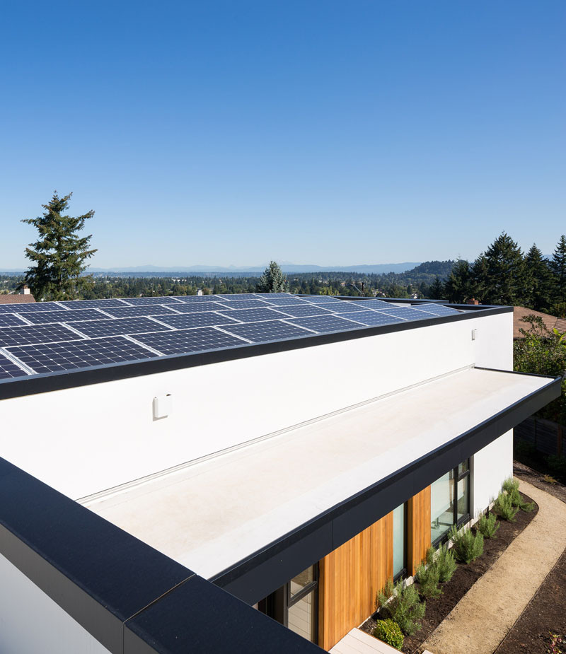 This home in Portland, Oregon, has a large area of the roof dedicated to solar panels.