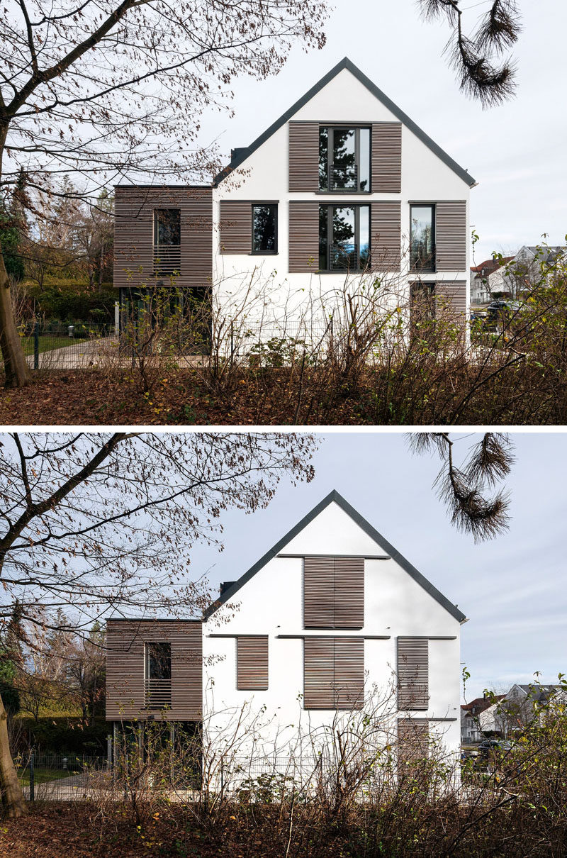 This house has modern window shutters that match the wooden siding used on the house.