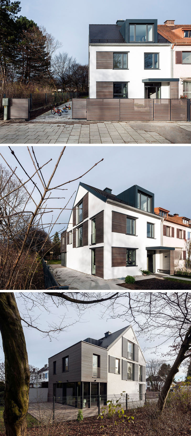 This house has modern window shutters that match the wooden siding used on the house.