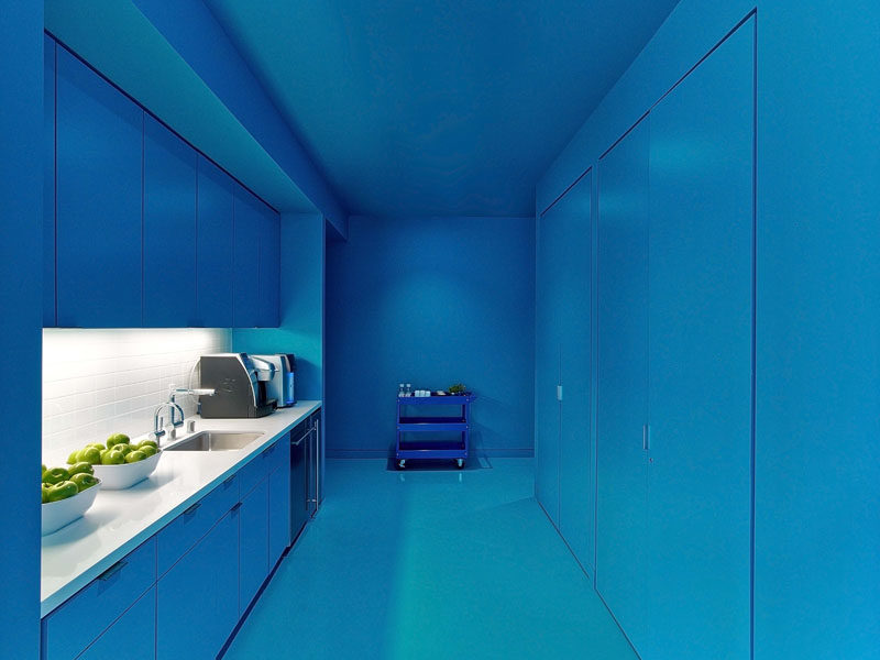 10 Examples Of Monochromatic Interiors // This kitchen in an L.A office is definitely blue (with a touch of white).