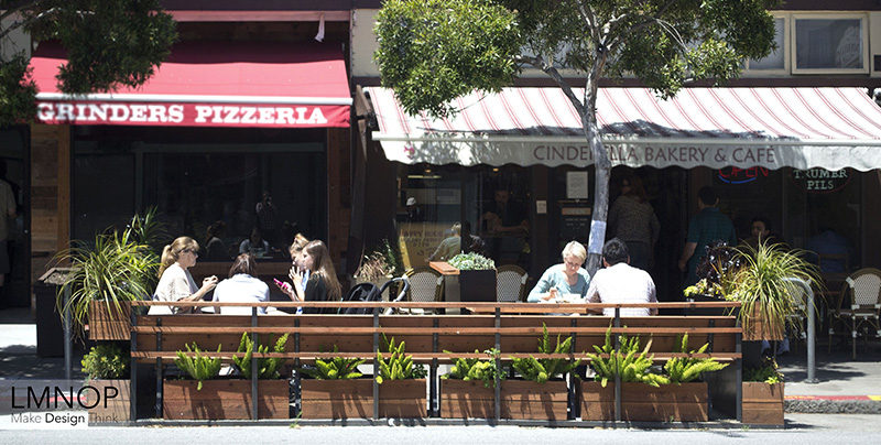 This modern wood and steel parklet outside a bakery in San Francisco, is surrounded by herbs and succulents, and was designed to increase the foot traffic outside their location and at the same enhance the street.