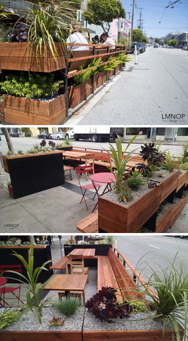 This modern wood and steel parklet outside a bakery in San Francisco, is surrounded by herbs and succulents, and was designed to increase the foot traffic outside their location and at the same enhance the street.