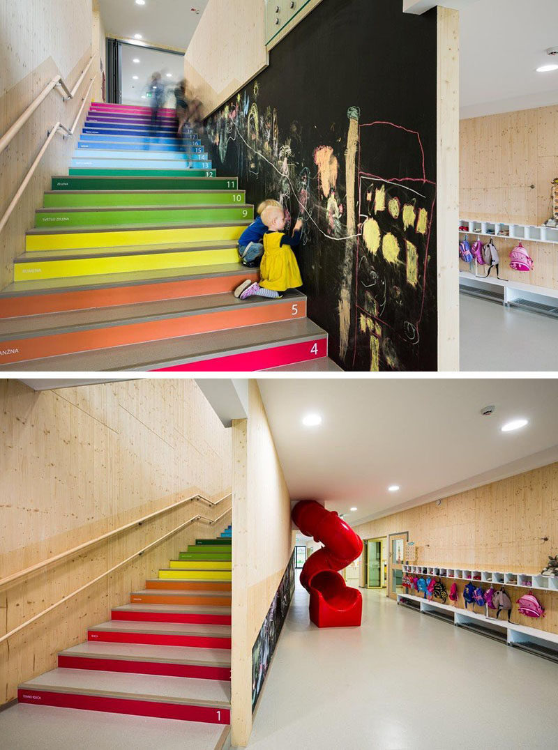 7 Inspiring Examples Of Rainbow Stairs // This kindergarten in Slovenia, has rainbow stairs that have the colors written on them, as well as numbers, so when children climb them, they are able to learn as they go.