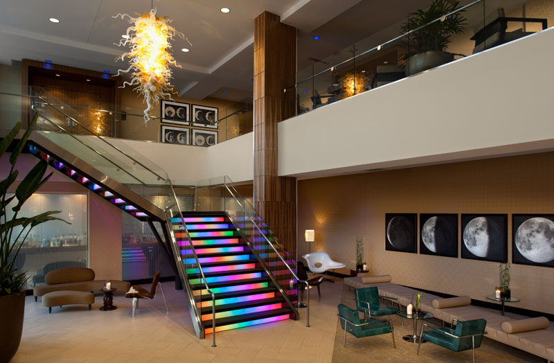 7 Inspiring Examples Of Rainbow Stairs // The staircase in the lobby of the Moonrise Hotel in St.Louis, Missouri, is known for it’s rainbow lights.