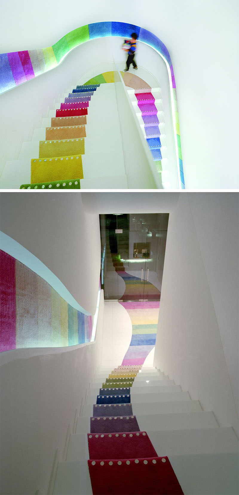 7 Inspiring Examples Of Rainbow Stairs // The stairs in this book store are carpeted in rainbow colors.