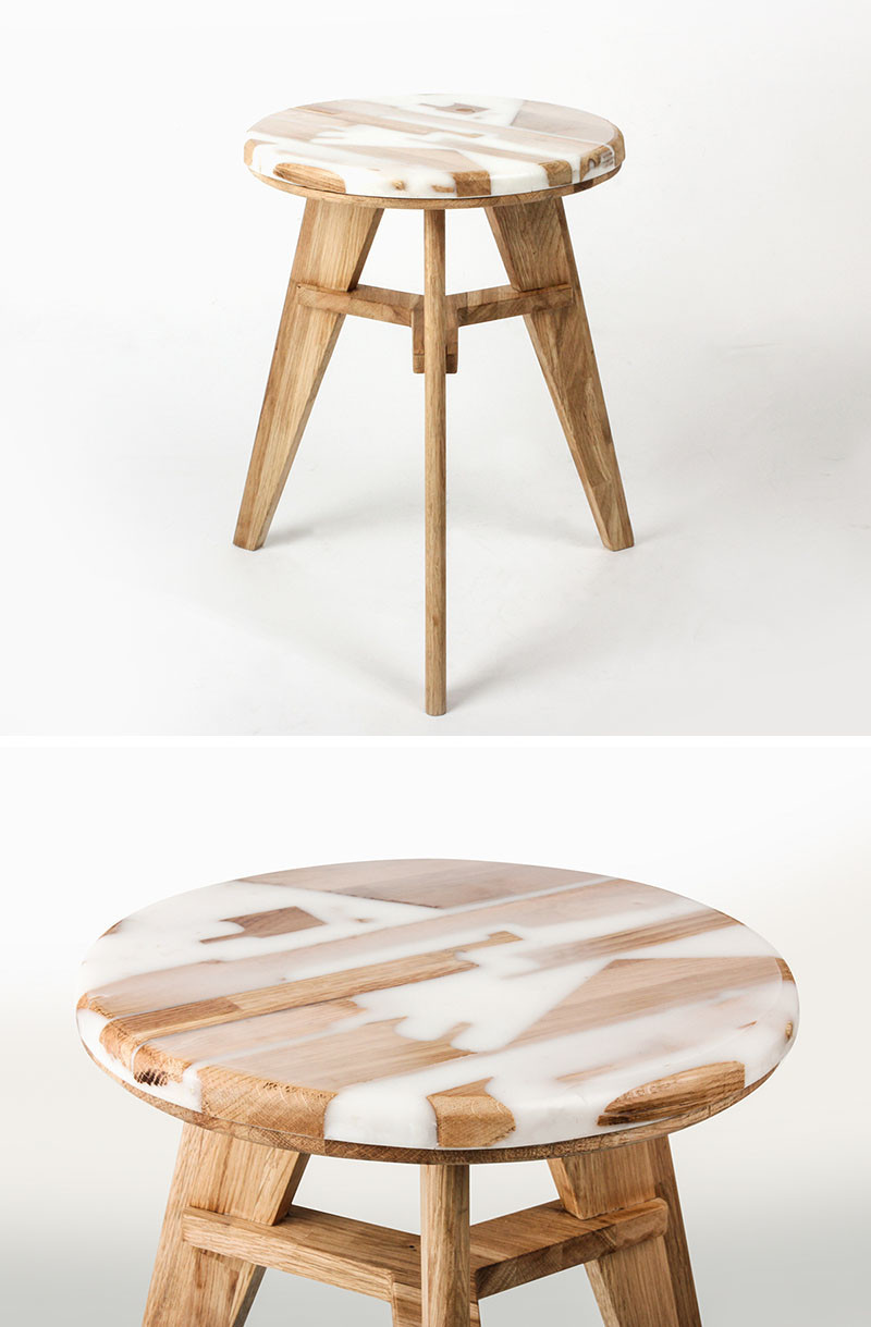 Hattern, a design studio based in Seoul, South Korea, focuses on up-cycling and extracting patterns from waste, and they have created a stool from wood and resin, named ‘Zero Per Stool’.