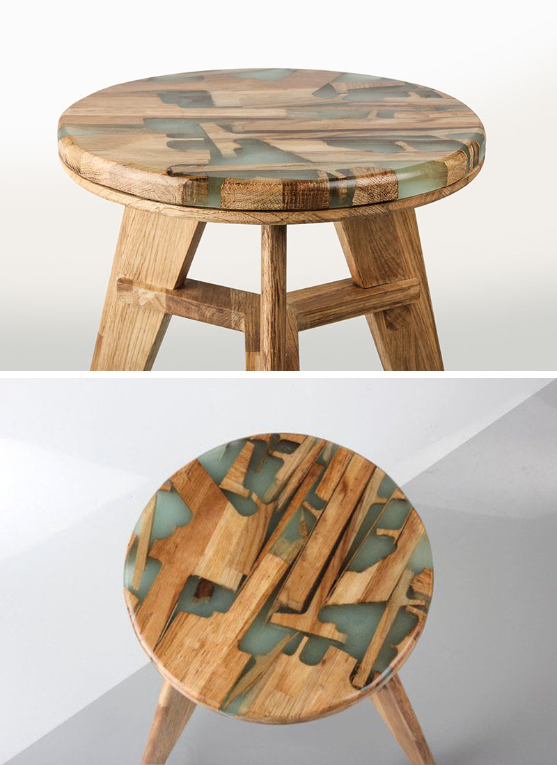 Hattern, a design studio based in Seoul, South Korea, focuses on up-cycling and extracting patterns from waste, and they have created a stool from wood and resin, named ‘Zero Per Stool’.