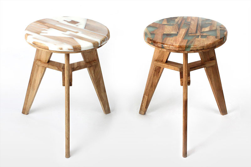 Hattern, a design studio based in Seoul, South Korea, focuses on up-cycling and extracting patterns from waste, and they have created a stool from wood and resin, named ‘Zero Per Stool’.
