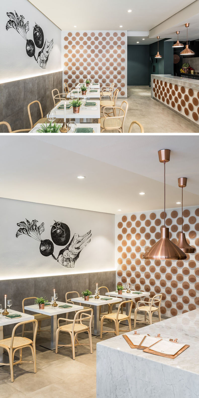 Over 200 perforated copper discs cover the wall and the front of the open kitchen in this restaurant.