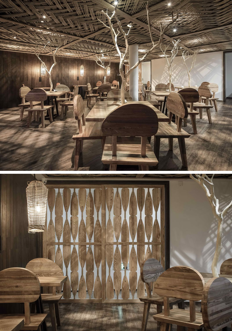 23 Pictures Of The Ripple Hotel At Qiandao Lake, In Hangzhou, China // The hotel restaurant with custom wood features.