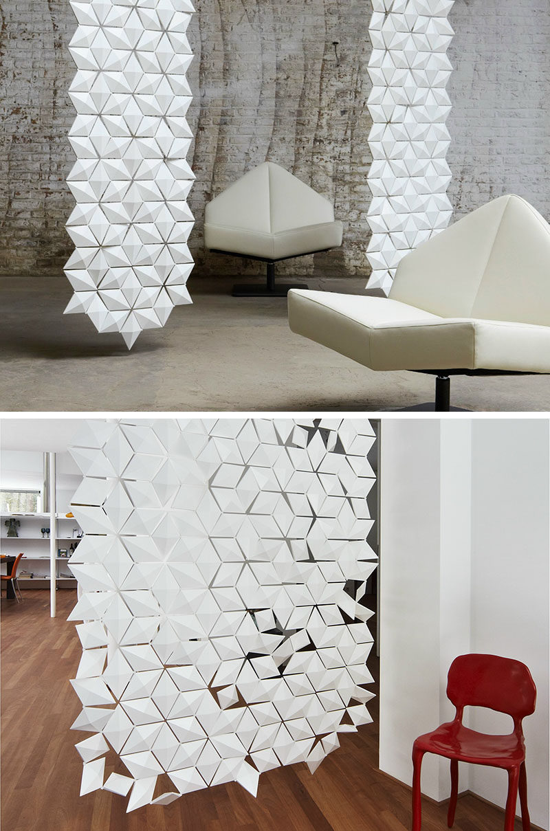 15 Creative Ideas For Room Dividers // Each of the diamond shapes that make up the panels of this room divider, can be rotated to create patterns using light and shadow.