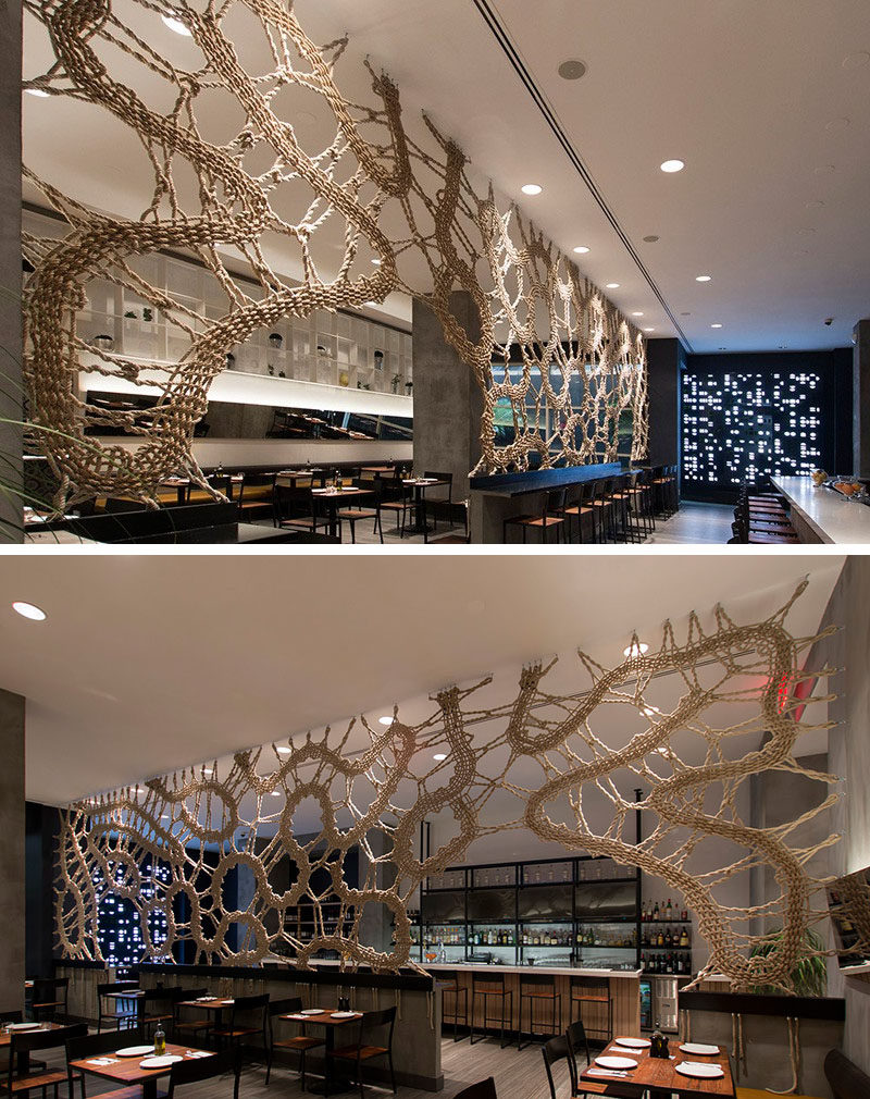 15 Creative Ideas For Room Dividers // This handmade rope screen divider is also an artistic feature in this restaurant.