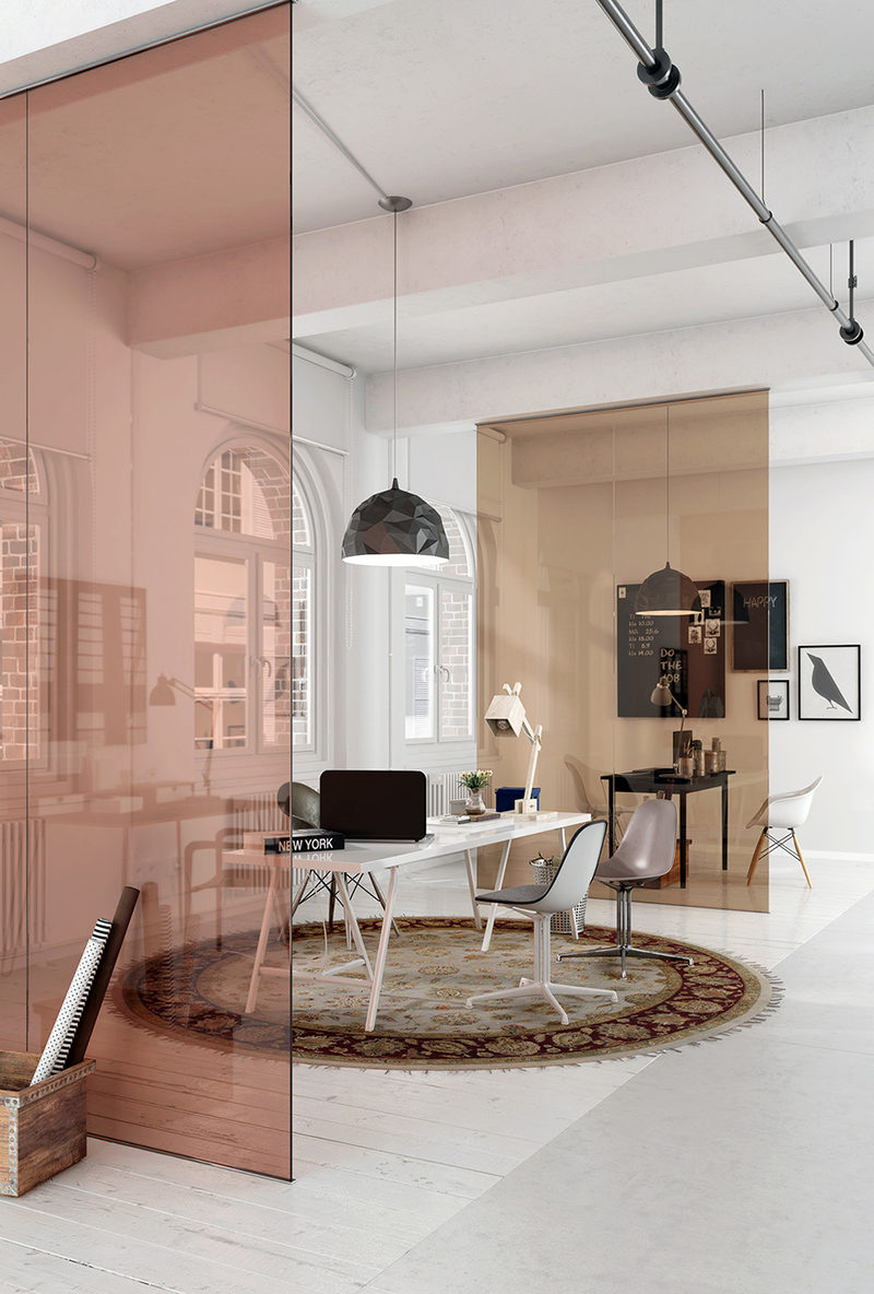 15 Creative Ideas For Room Dividers // Colored glass is a great way to split up a space without closing it off. #ModernRoomDivider #RoomDivider #InteriorDesign #Interiors