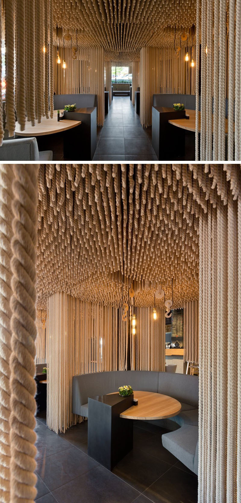 15 Creative Ideas For Room Dividers // Suspended ropes give diners at this restaurant a sense of privacy while they eat.  #ModernRoomDivider #RoomDivider #InteriorDesign #Interiors