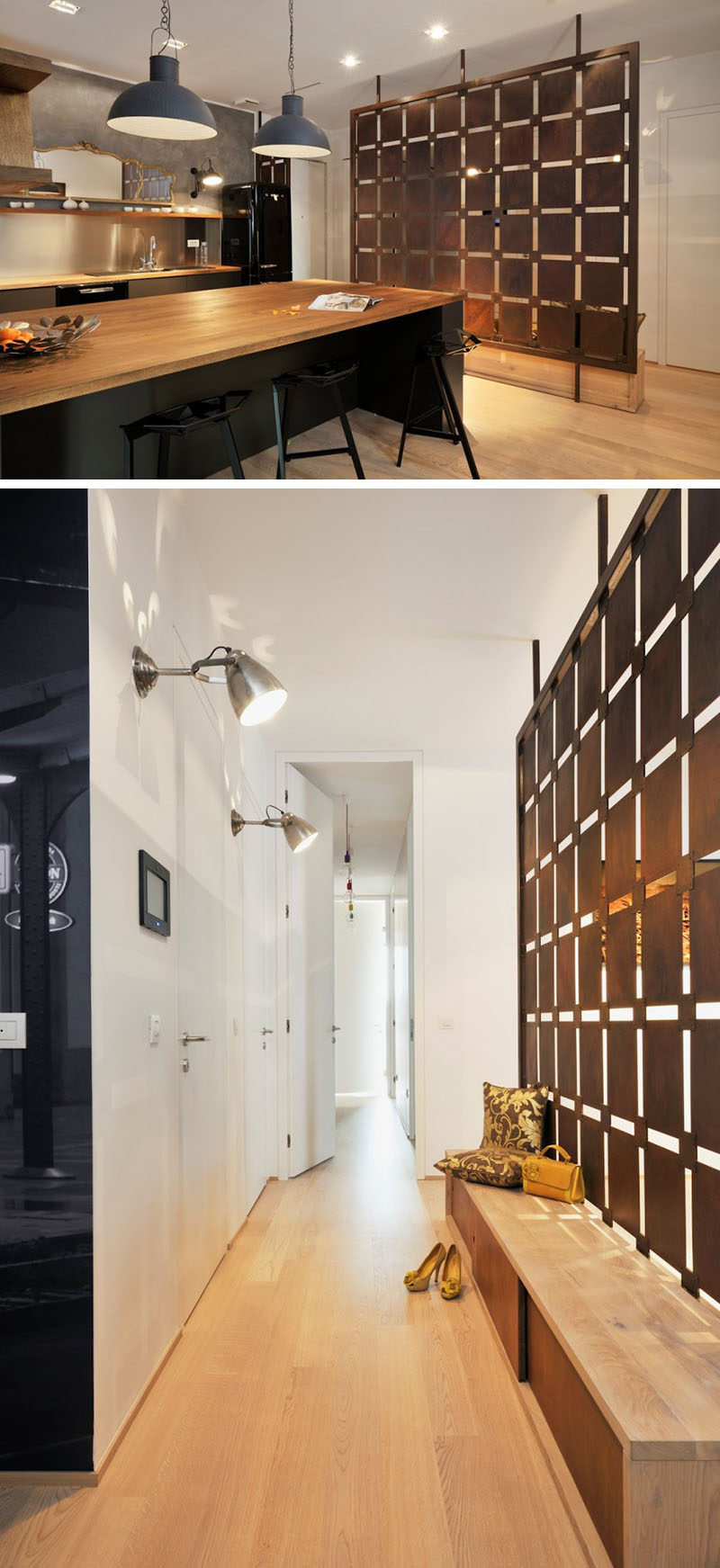 15 Creative Ideas For Room Dividers // Artistic geometric wall panels divide the entry way and kitchen in this Slovenian apartment. #ModernRoomDivider #RoomDivider #InteriorDesign #Interiors