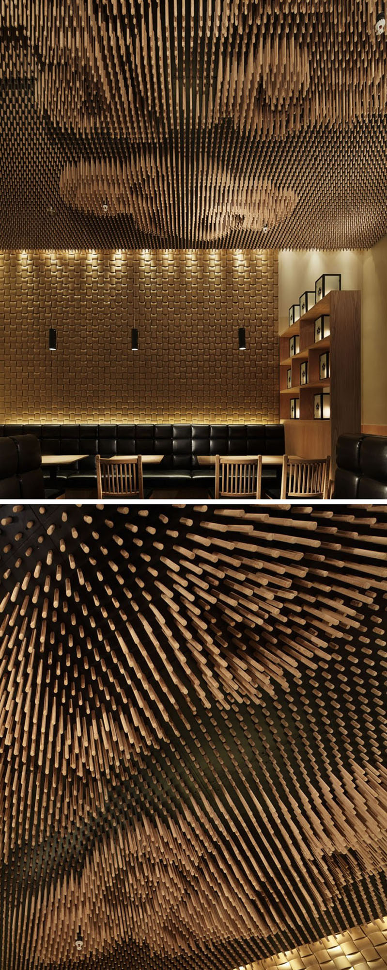 13 Amazing Examples Of Creative Sculptural Ceilings // The ceiling of this restaurant is made up of thousands of wooden sticks that were cut using specific calculations to increase the reality of the clouds.