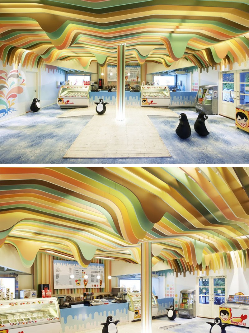 13 Amazing Examples Of Creative Sculptural Ceilings // The colorful ceiling in this ice cream shop was inspired by the flavors of ice cream they sell.