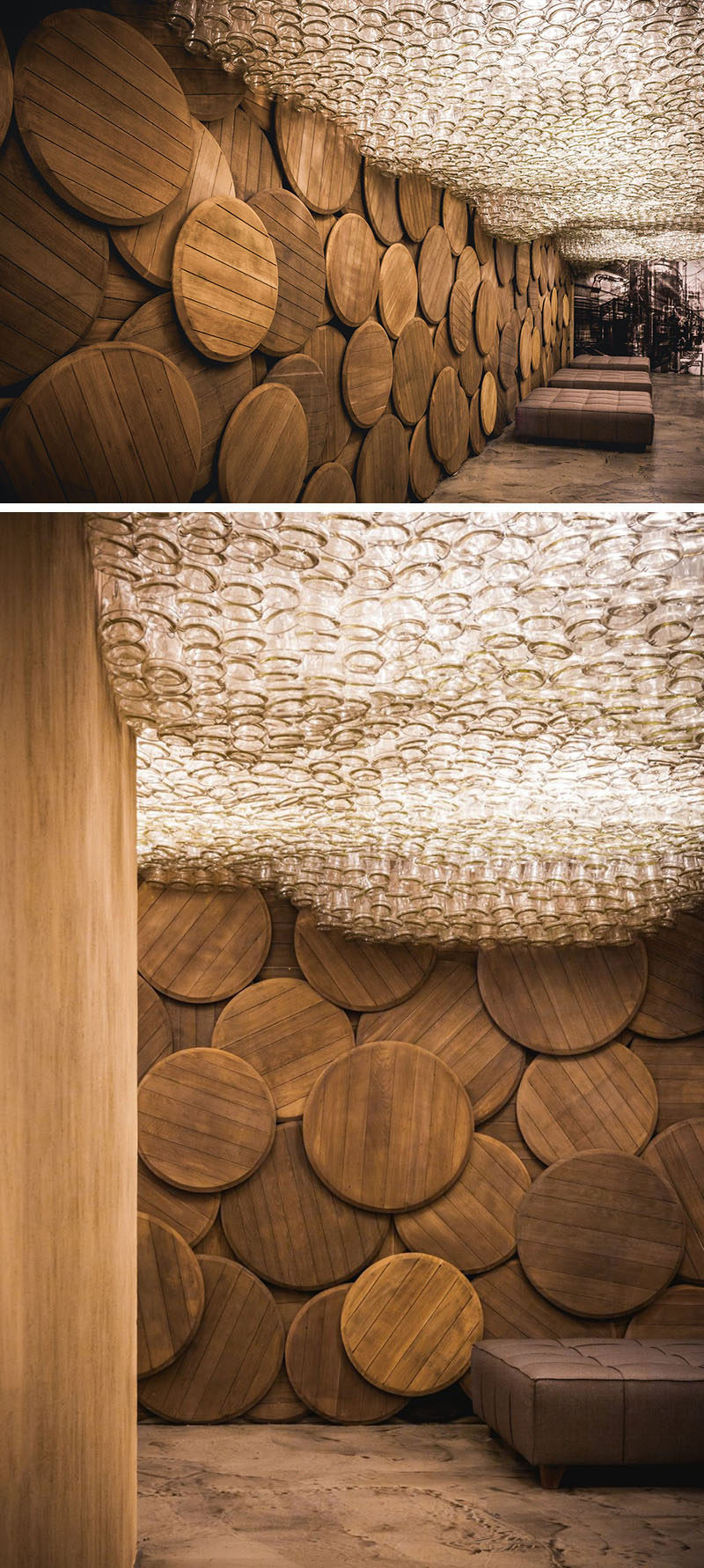 13 Amazing Examples Of Creative Sculptural Ceilings // Brandy bottles make up the ceiling of this brandy bar in Odessa, Ukraine.