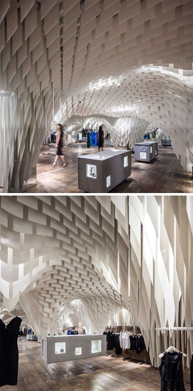 13 Amazing Examples Of Creative Sculptural Ceilings // More than 10,000 strips of a very thin white translucent fiberglass material was used to create a unique look for this clothing store.