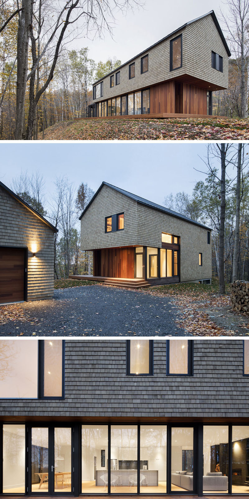 13 Examples Of Modern Houses With Wooden Shingles // Cedar shingle siding feels perfect for a home in a forest in Quebec.