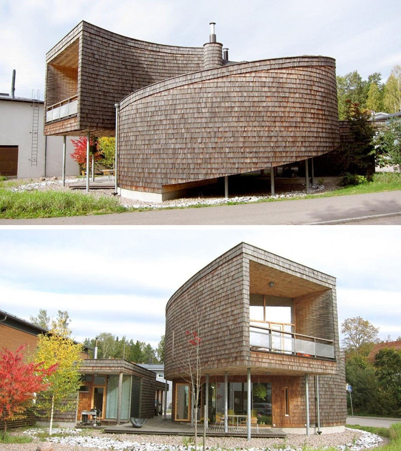 13 Examples Of Modern Houses With Wooden Shingles // These shingles curve around this spiral-shaped house in Finland.