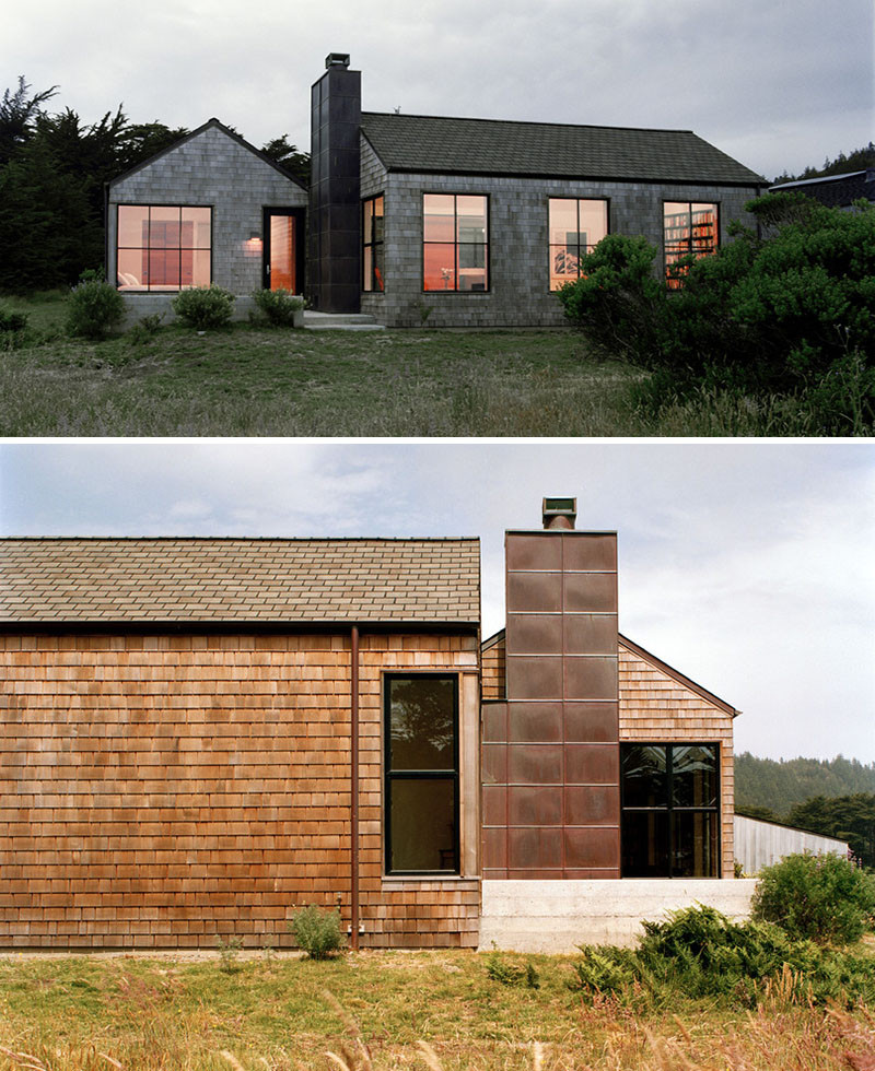 13 Examples Of Modern Houses With Wooden Shingles // The copper chimney that connects the two wings of this beach house works well with the color of the wood shingles on the side.