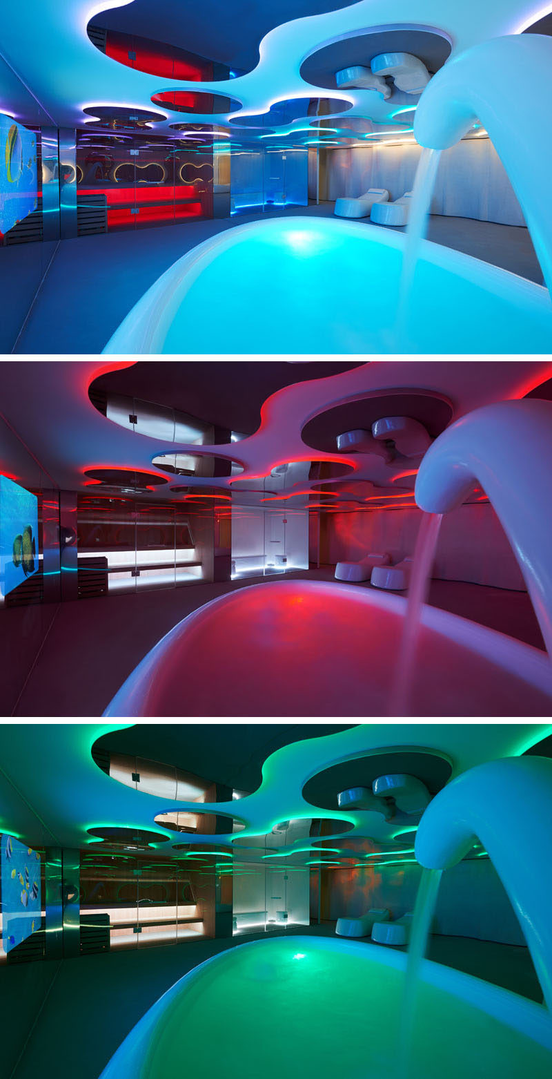 This room in a spa can have the colors changed depending on the desired mood.