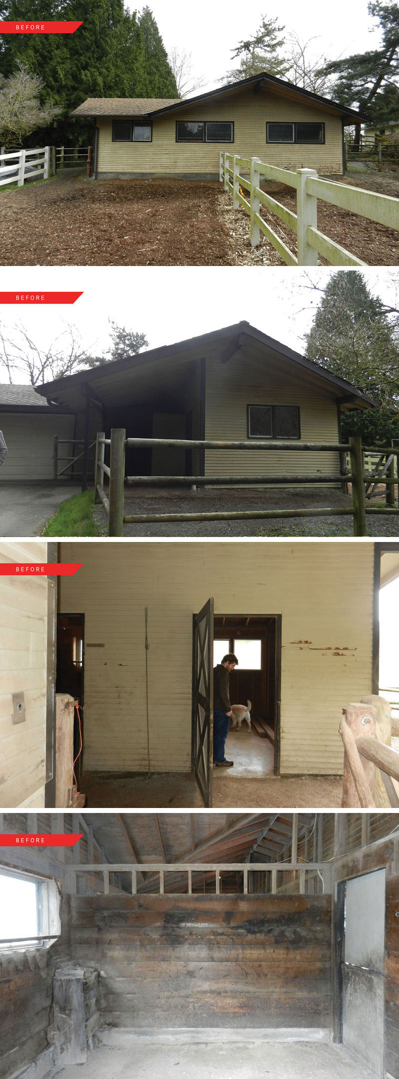 BEFORE PHOTOS - What was once a detached stable and garage that had fallen into disuse, has been transformed into a studio space with a kitchen and bedroom.