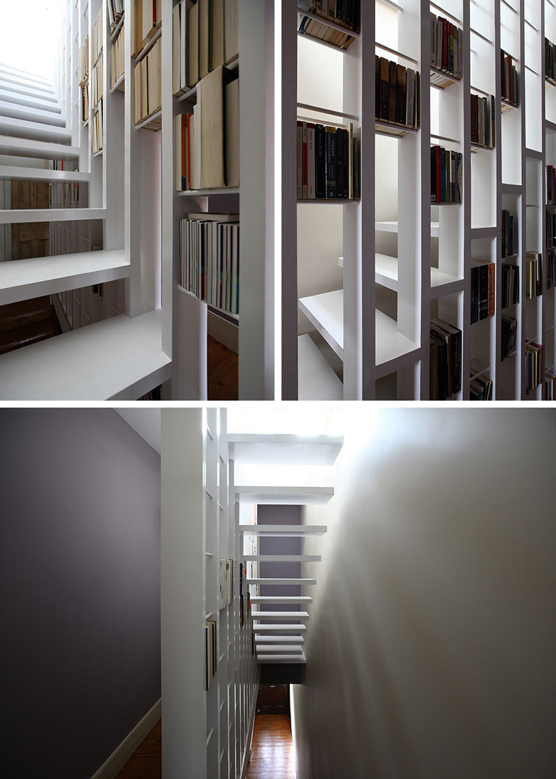 9 Stylish Staircases With Bookshelves As Safety Rails // This book/stair case connects a bedroom and a study in a London home.