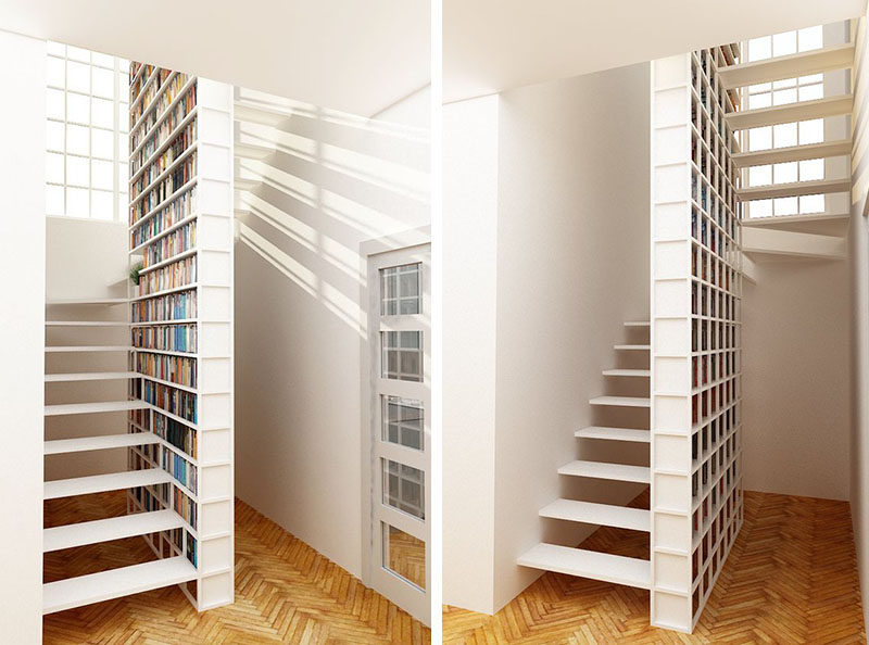 9 Stylish Staircases With Bookshelves As Safety Rails // This bookshelf provides plenty of space for storing books and keeps the stairs contemporary.