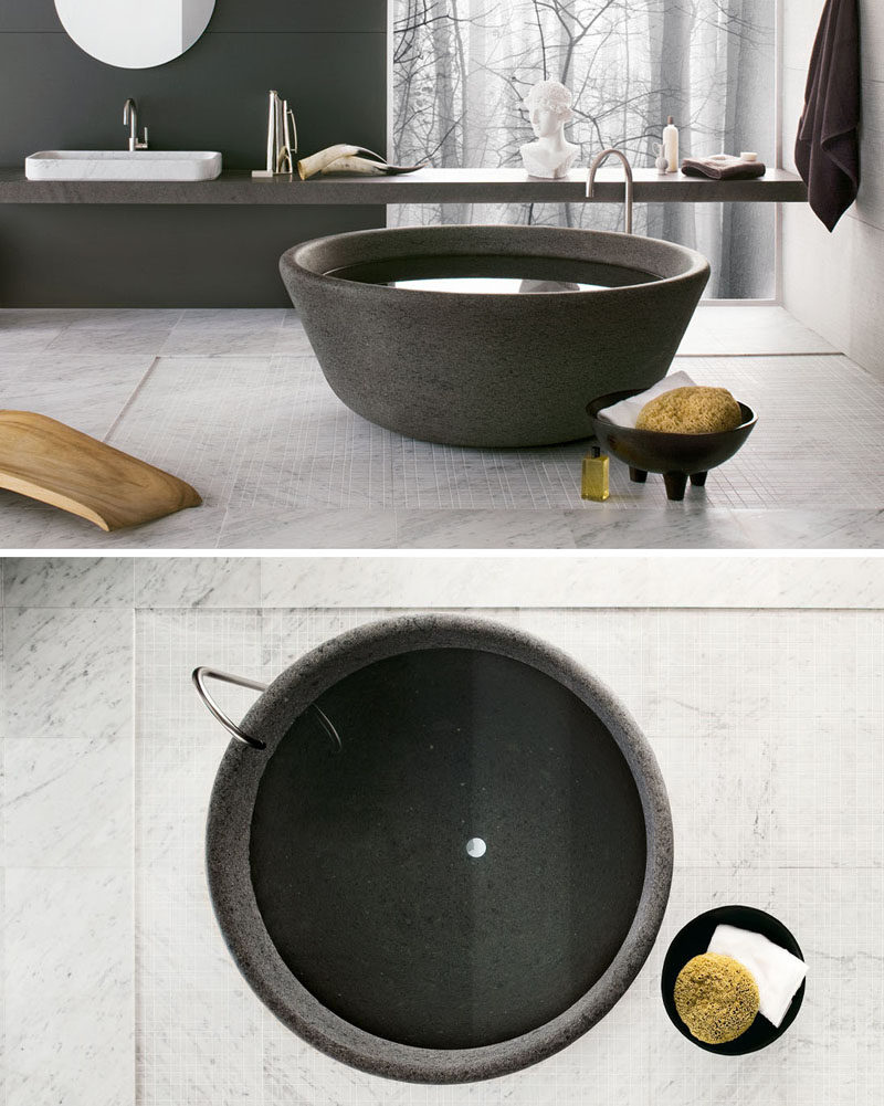 8 Stunning Examples Of Stone Bathtubs // The SPA bathtub designed by nespoli e novara for Neutra Design, is available in a wide range of stone types from moonstone to granite, each one unique from the others.