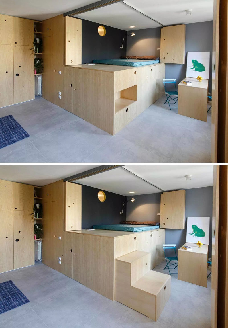 The stairs for this lofted bed can be neatly tucked away.