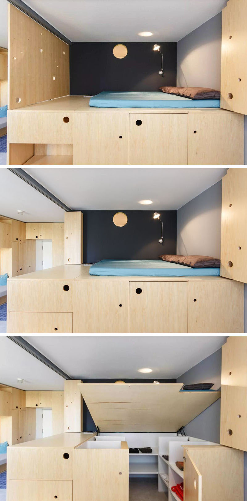 This lofted bed makes it possible to add extra storage to the apartment, but with this design, they are able to lift it up to reveal a wardrobe underneath.