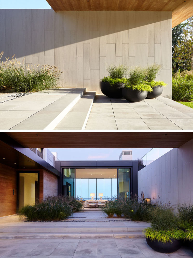 Upon entering this home, there's a central courtyard before you reach the front door and main living area.