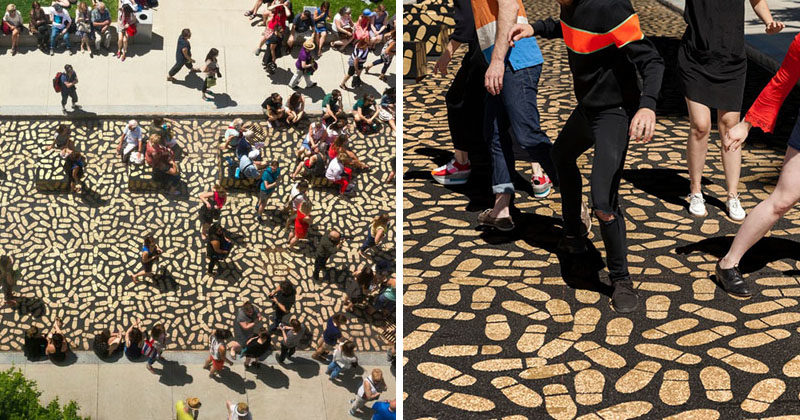 Canadian architect Jean Verville's latest installation, DANCE FLOOR, encourages people to dance their way into Montreal's Museum of Fine Arts by following 5000 gold footprints.