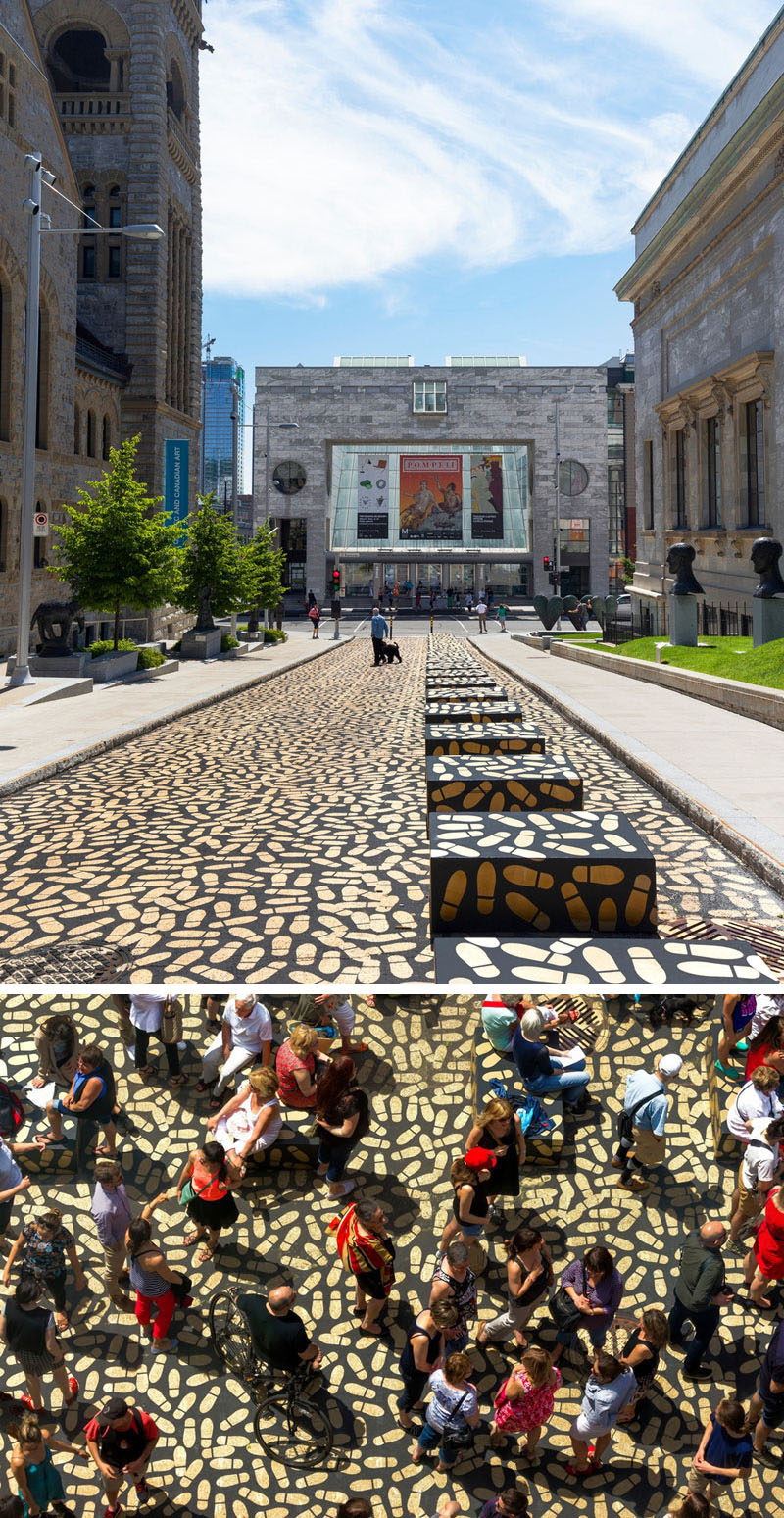 Canadian architect Jean Verville's latest installation, DANCE FLOOR, encourages people to dance their way into Montreal's Museum of Fine Arts by following 5000 gold footprints.