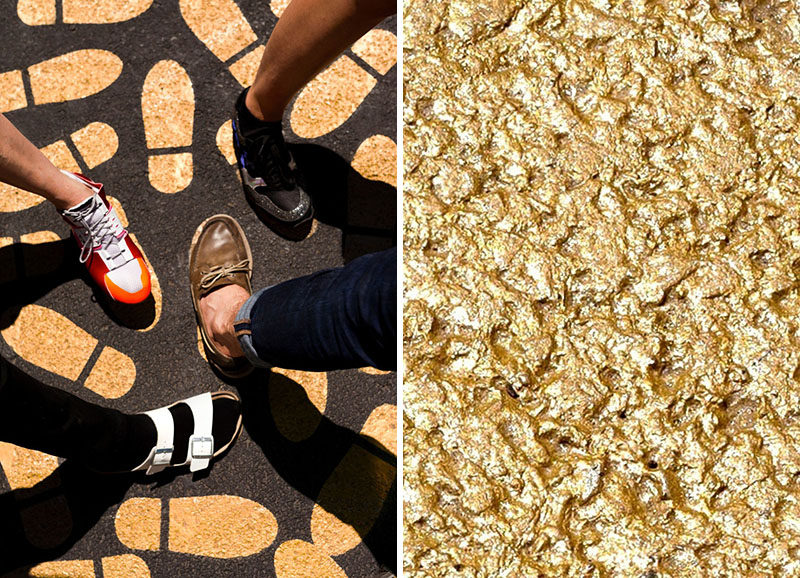 Canadian architect Jean Verville's latest installation, DANCE FLOOR, encourages people to dance their way into Montreal's Museum of Fine Arts by following 5000 gold footprints.