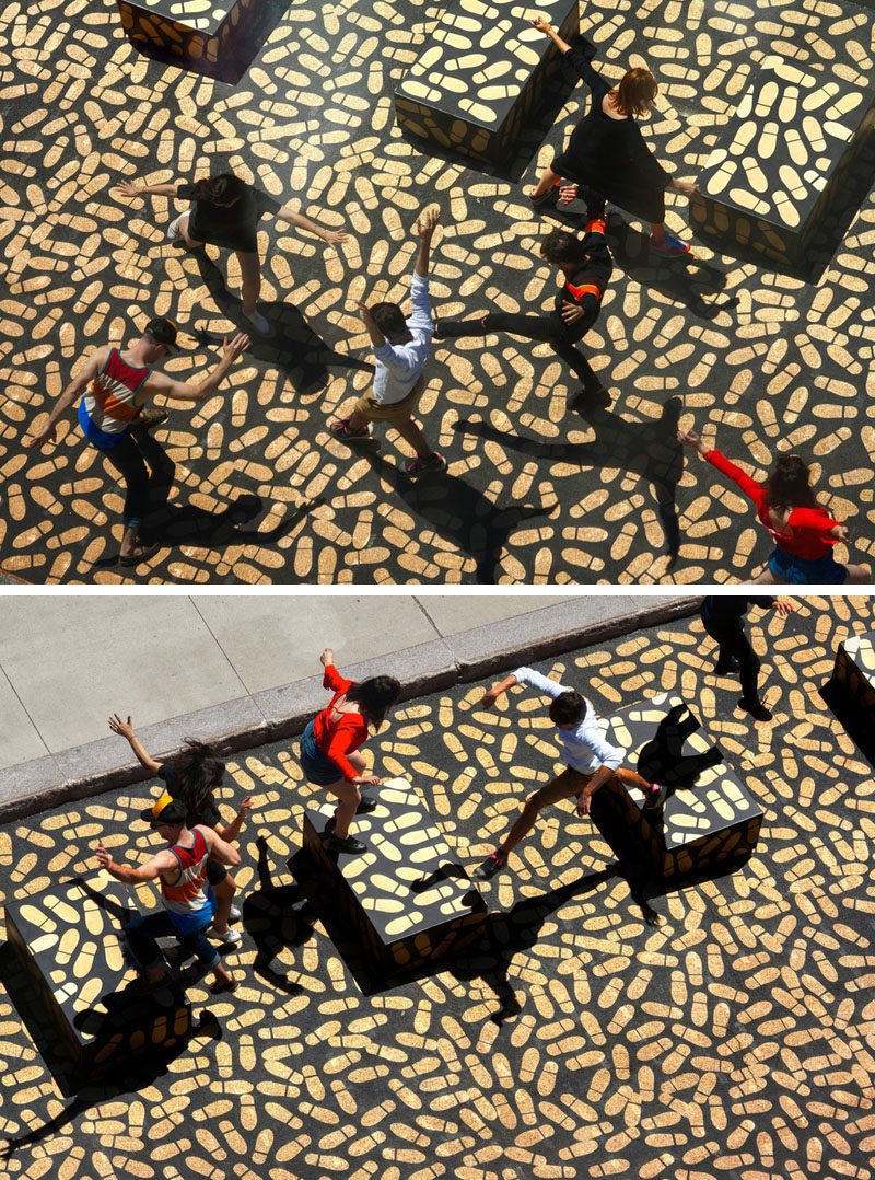 Canadian architect Jean Verville's latest installation, DANCE FLOOR, encourages people to dance their way into Montreal's Museum of Fine Arts by following 5000 gold footprints.