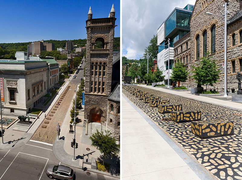 Canadian architect Jean Verville's latest installation, DANCE FLOOR, encourages people to dance their way into Montreal's Museum of Fine Arts by following 5000 gold footprints.