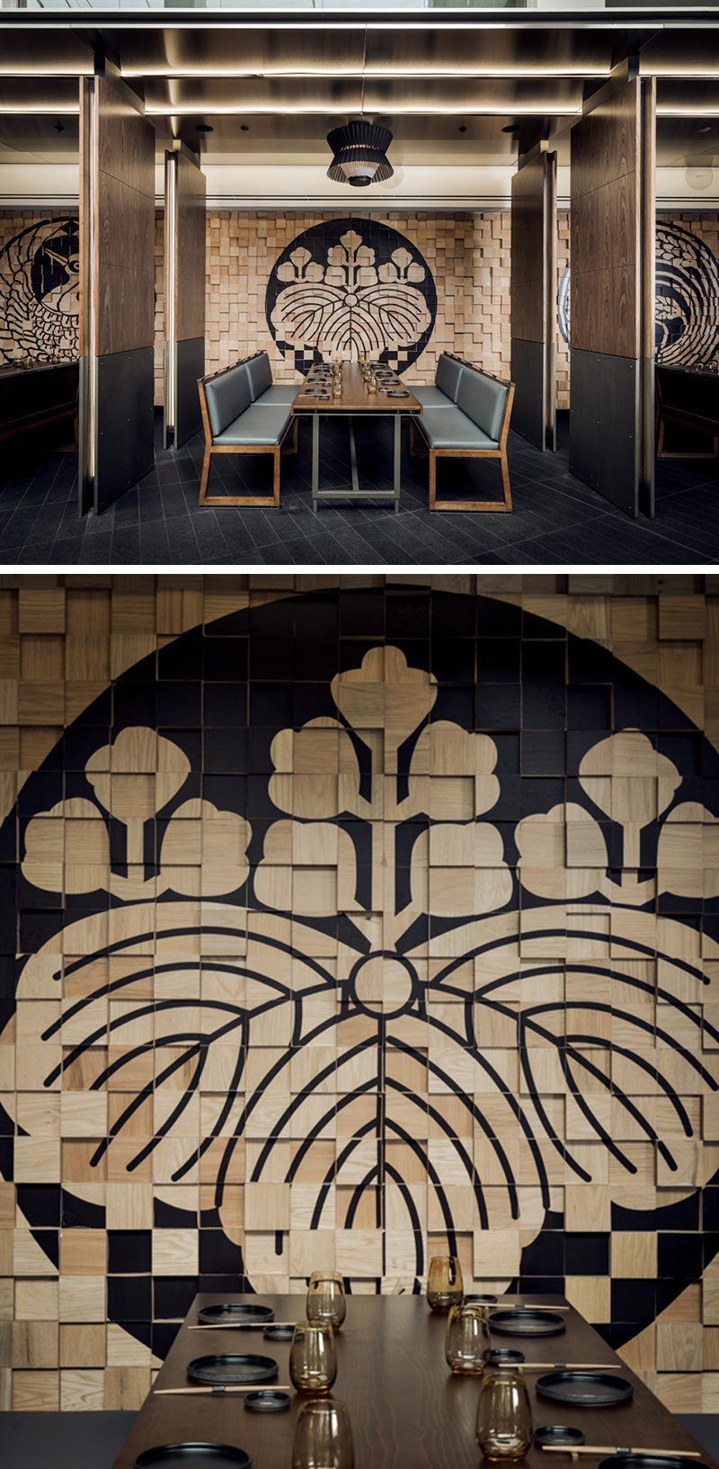 Wall Decor Idea - Murals On Painted Wood Blocks. The wood block wall in this restaurant is filled with Japanese-inspired murals, that have been painted in black.