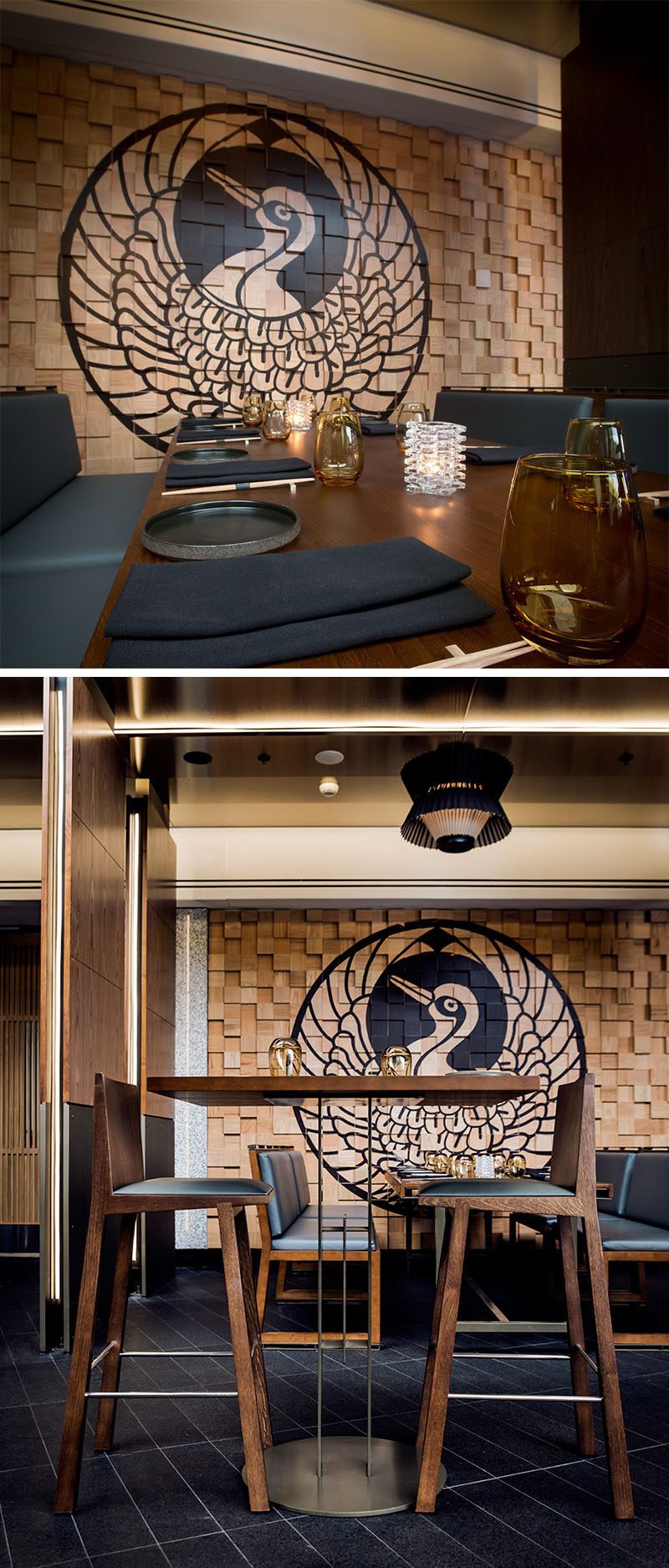 Wall Decor Idea - Murals On Painted Wood Blocks. The wood block wall in this restaurant is filled with Japanese-inspired murals, that have been painted in black.