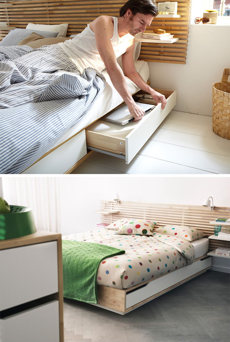 9 Ideas For Under-The-Bed Storage // This IKEA bed comes with four large drawers and a headboard with built in shelves, providing storage for both the big things you want tucked away and the little things you want to keep close by and on display.